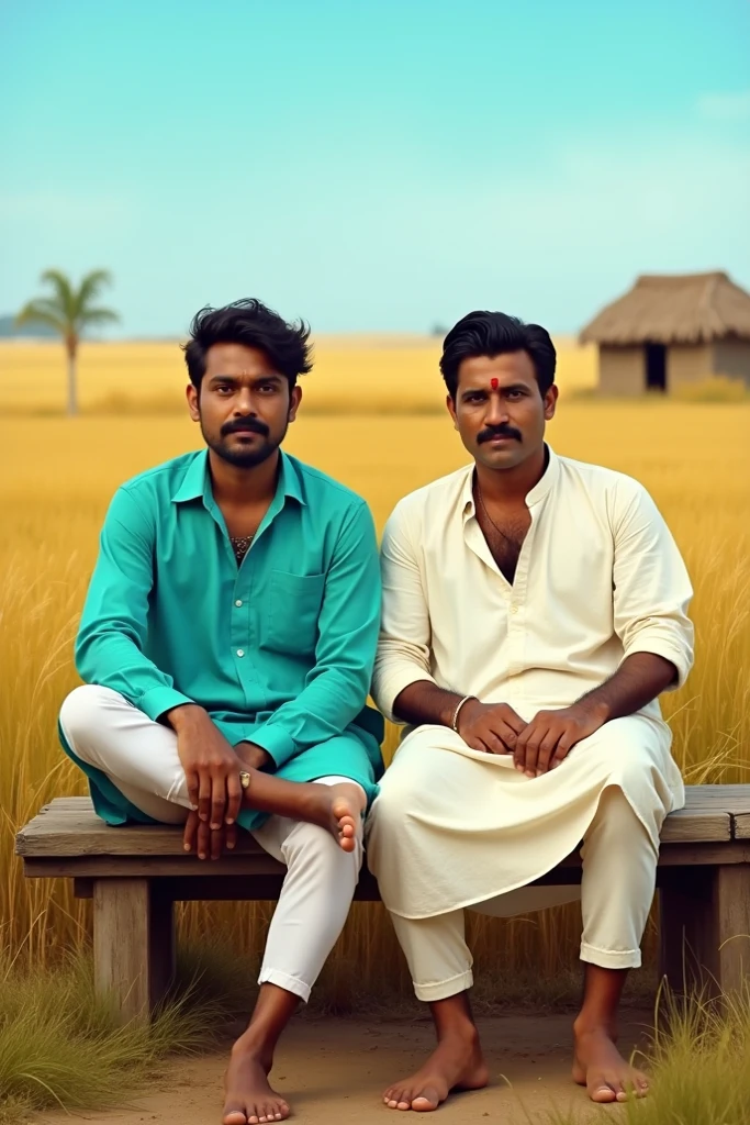 young indian man looks like 3 wearing shirts and pants talking to the other indian man wearing a indian tradition dress in the background a small house and a fields 