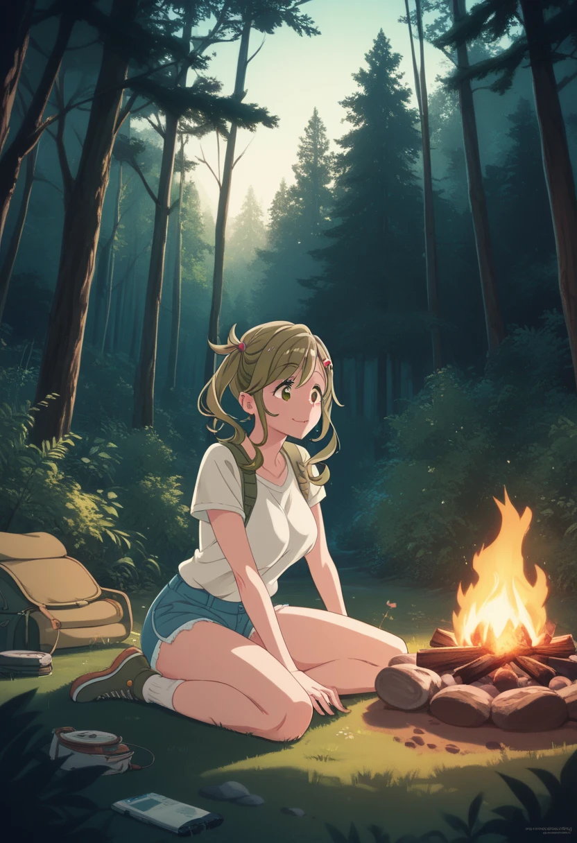 Inuyama Aoi, a girl with exaggerated breasts camping in the forest, wearing a mini camp wear, in forest environment, campfire, soft lighting, warm color palette, 8k, high quality, master piece, sex in foreset