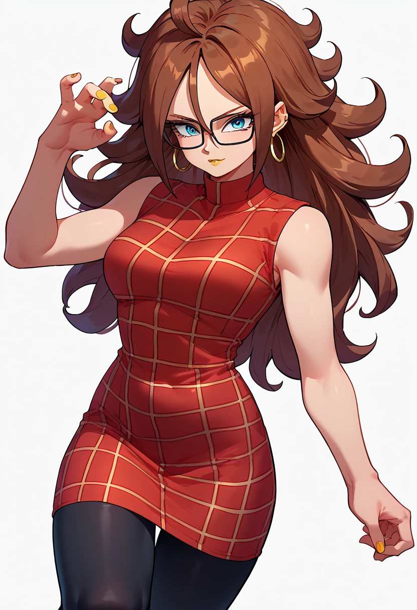 android 21, brown hair, long hair, curly hair, blue eyes, hoop earrings, blue and red plaid dress, sleeveless, black tights, white, glasses, knee length dress, random pose, yellow lipstick