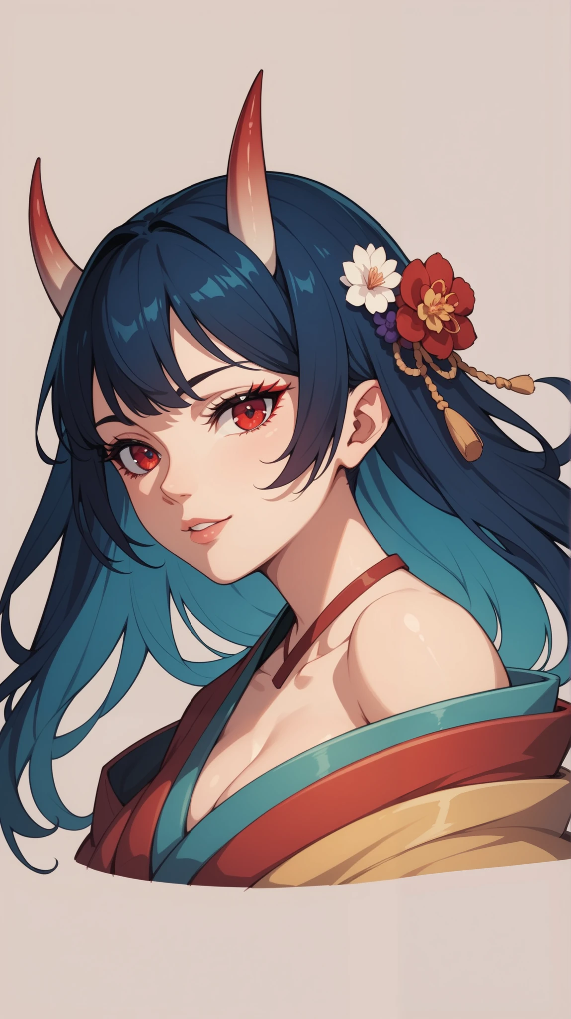 score_9, score_8_up, score_7_up, dragon girl, large breasts, close-up, leaning forward, kimono, very long blue hair, red eyes, slit pupils, vast magical garden, smile