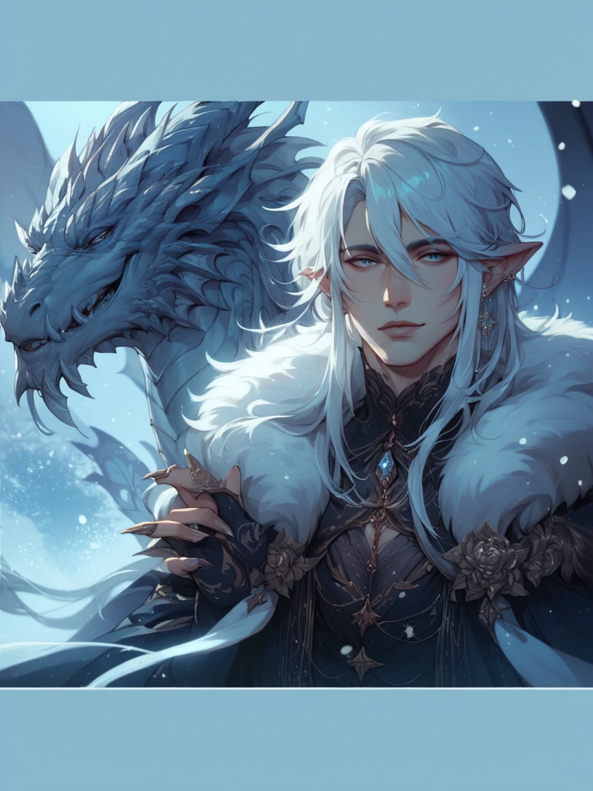 score_9, score_8_up, score_7_up, score_6_up, score_5_up,  s4b, 1boy solo, black background, winter, huge blue and silver dragon, long white hair, elegant, beautiful,High Resolution, 