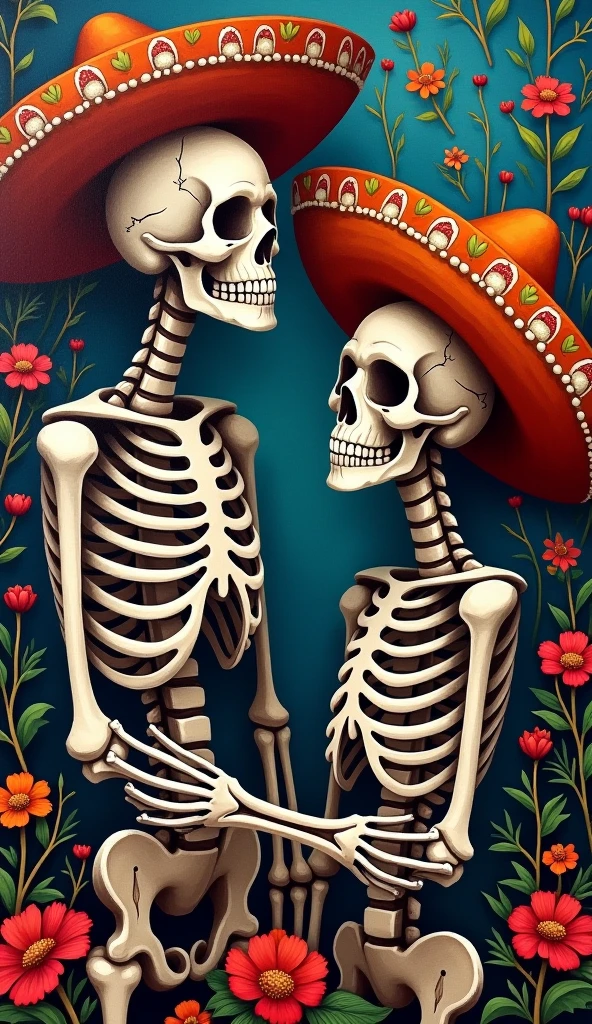 two complete skeletons from the feast of the dead, one man and one woman, very decorated, with flowers and Mexican clothes with more than 6 strong colors, dancing excitedly, turning and looking up, with steps different from each other, with arms up, simple drawing, image without background, in action.