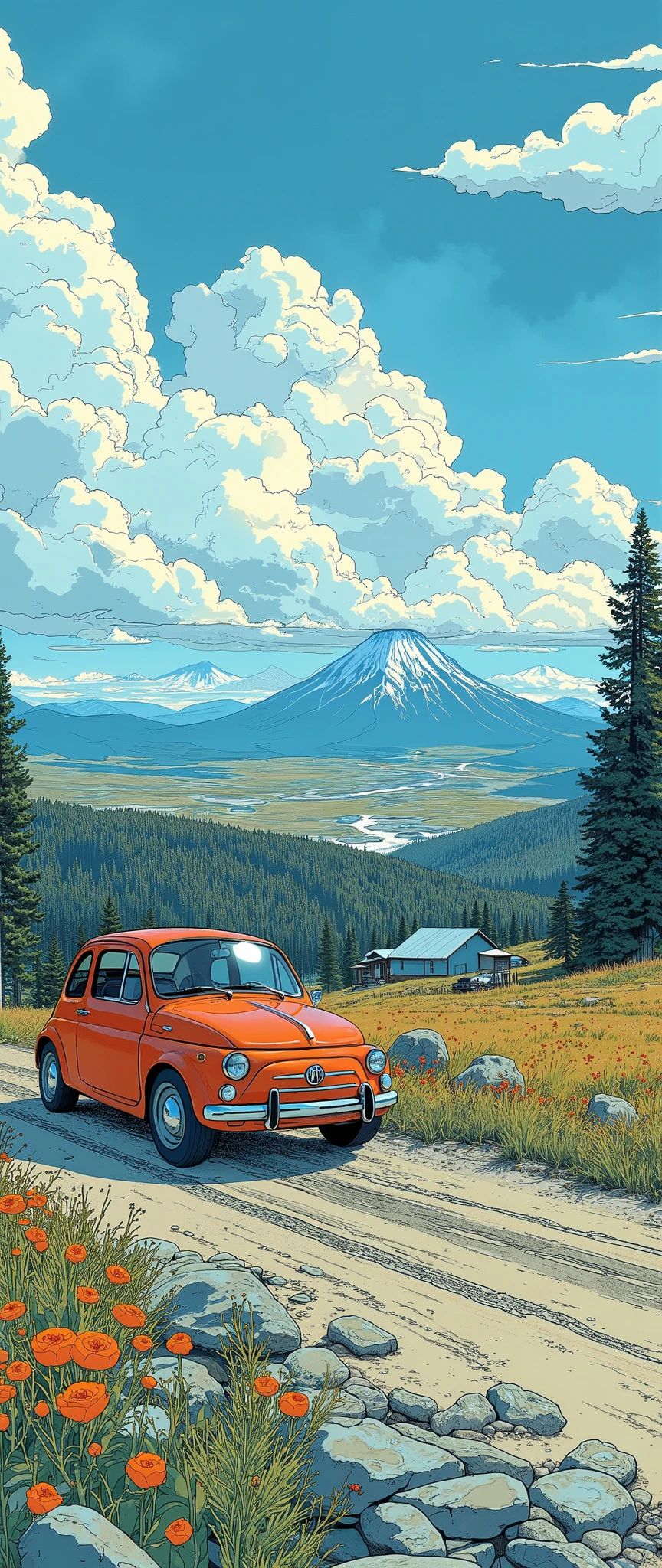 (  masterpiece on penis :1.2,  top quality),(  very detailed),  anime style,8k,16k, wallpaper,Fiat 500, blue sky,(America:2.0),(Yellowstone National Park:2.0),( dynamic :2.0)