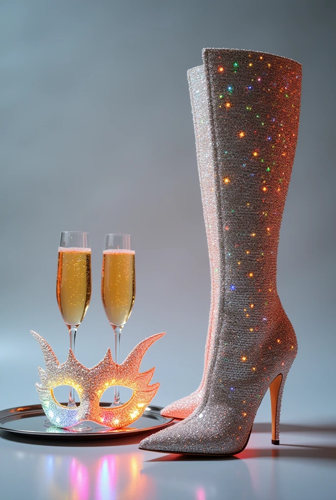 realistic candid photo of pair of dazzling, knee-high stiletto boots covered in shimmering rhinestones, creating a sparkling effect under bright studio lighting. The boots have a pointed toe and sleek design, reflecting multicolored light flares across their surface. The background is a simple, soft gray, allowing the boots to stand out prominently. The composition captures the boots from a side angle, focusing on the intricate details and sparkling effect, evoking a glamorous and luxurious mood. --ar 3:4 --style raw --sref 1347328953 442764520 3698819553 --p --stylize 350 --v 6.1studio photograph of an intricate snowflake decoration designed as if made from shimmering crystals, tightly cropped frame, sparkling textures creating vibrant rainbow light effects, soft gray or white gradient background, clean and elegant composition, premium and festive design, high-resolution, modern holiday aesthetic --ar 3:4 --style raw --sref 1347328953 442764520 3698819553 --p --stylize 550 --v 6.1studio photograph of two elegant coupe champagne glasses placed on a reflective mirrored tray, crafted from shimmering crystal-like material with intricate faceted patterns, filled with golden champagne, delicate rainbow sparkles reflecting softly onto a seamless pale gray background, tightly cropped frame focusing on the interplay of textures and subtle glow, minimalistic and luxurious composition, high-resolution, cohesive with the shimmering knee-high boots aesthetic --ar 3:4 --style raw --sref 1347328953 442764520 3698819553 --p --stylize 600 --v 6.1studio photograph of a luxurious masquerade mask shaped like an intricate demonic dragon design, fully encrusted with shimmering crystals and glittering textures, featuring bold, exaggerated horns and sculpted details, seamless soft white background, tightly cropped frame emphasizing the intricate craftsmanship and sparkling reflections, high-resolution, bold and extravagant holiday aesthetic, perfect for a dramatic New Year’s Eve celebrati