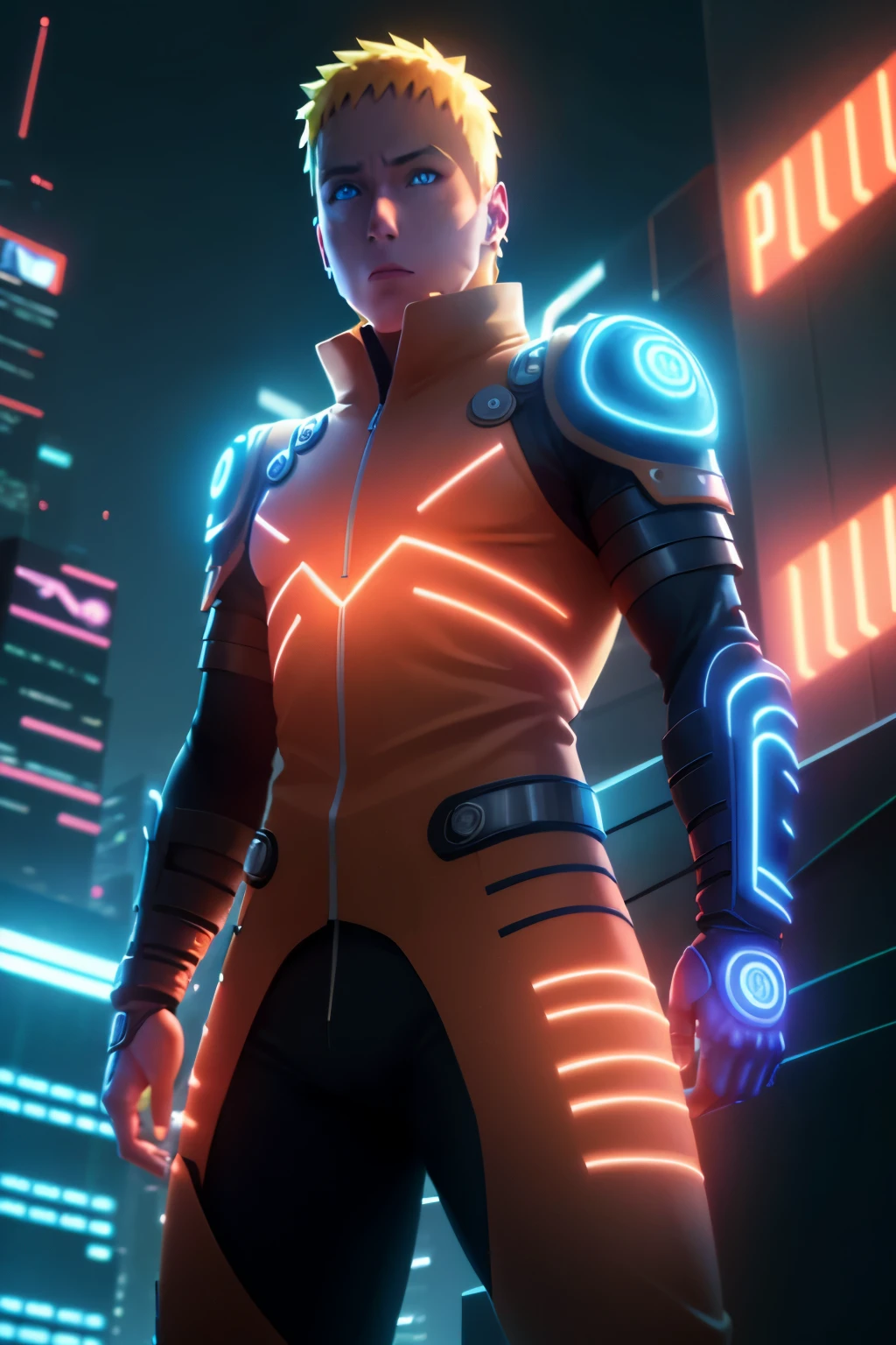 Naruto Uzumaki as a full-body cyborg, glowing with neon orange and blue lights, surrounded by pulsating lightning in a vibrant, futuristic cityscape. Intricate armor, glowing blue eyes, and a high-tech cyberpunk vibe. (masterpiece, ultra-detailed, vivid neon colors, ultra-realistic, 4K resolution, cinematic lighting).