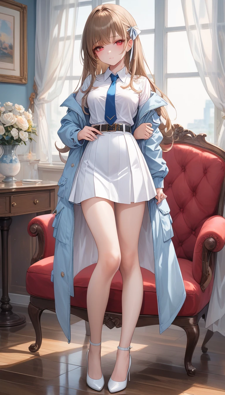 Brown Hair、 long hair、bangs、ribbon、 sad face、Red Eyes、 full body style that reflects your whole body、Normal milk、 narrow waist 、Bare legs、 in a suit、Light blue jacket, collared shirt 、 white shirt、 blue tie,belt, light blue tight skirt ,white heel pumps、