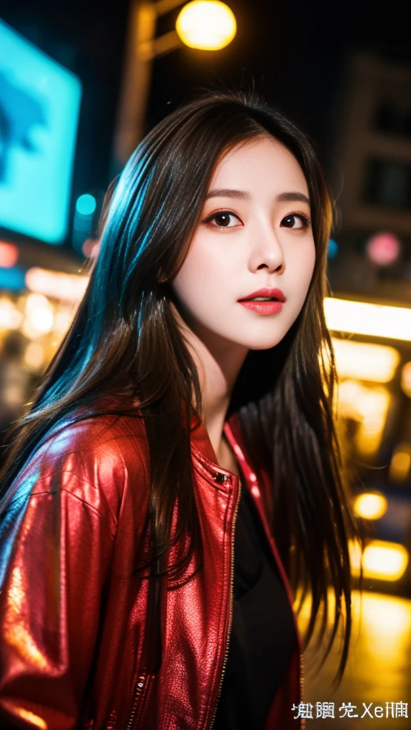 super quality、 ultra high resolution、8k、prety、The most beautiful woman in the world、（ brown long hair:1.5）、Small face、Thin, thin eyebrows 、midnight、nightclub、neon light、realistic、（ winered  jacket :1.5）、 Sexy Expression 、  dancing pose、