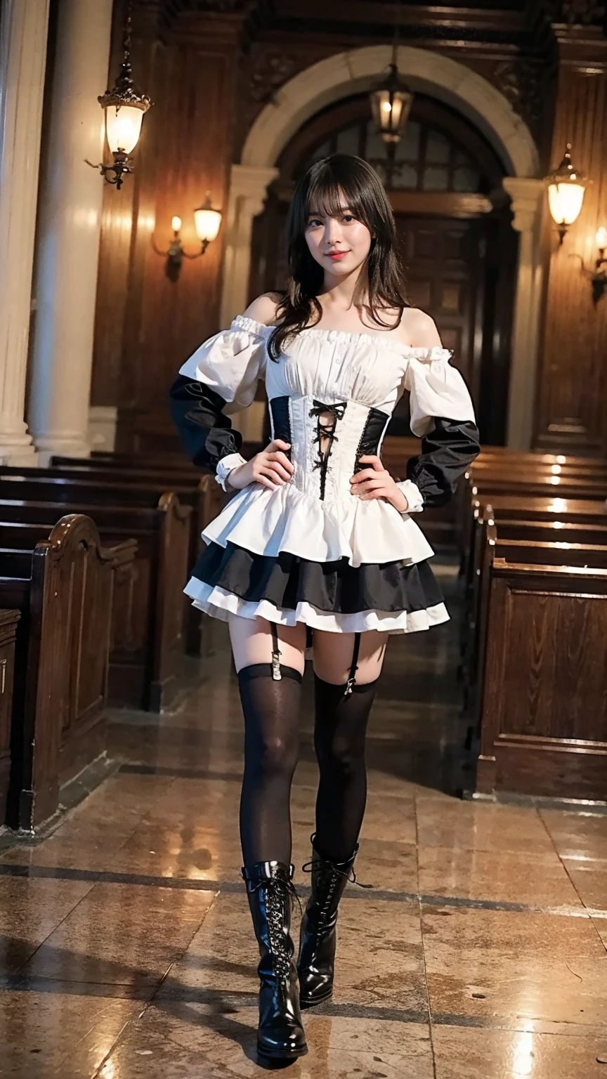 (8k、   RAW photos  、   top quality、    masterpiece on penis  :1.2)、( realistic 、 realistic )、1 person、((black、 garter belt、smile、 see-through、 off-shoulder 、 dress、 Long Skirt、Frills、 boots、 corset、church、Thin legs、whole body、Hands on hips、 standing facing you )、cute