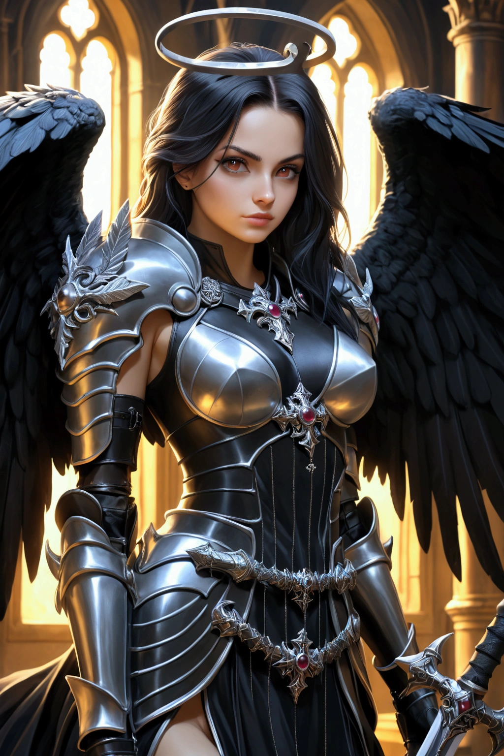 a woman in armor holding a sword and a sword, angel knight gothic girl, villainess has black angel wings, detailed fantasy art, angel knight girl, epic fantasy art style hd, 4k fantasy art, dark armor, stunning armor, hd fantasy art, deathknight, 8k fantasy art, highly detailed fantasy art, wow 4 k detail fantasy, dark angel