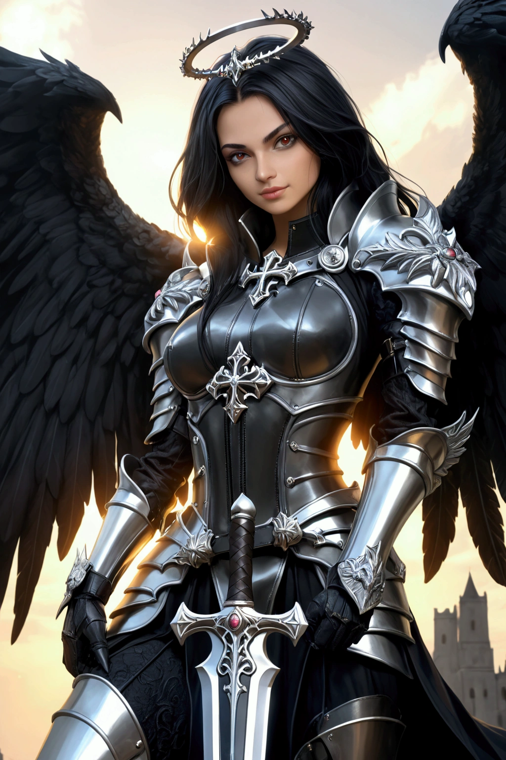 a woman in armor holding a sword and a sword, angel knight gothic girl, villainess has black angel wings, detailed fantasy art, angel knight girl, epic fantasy art style hd, 4k fantasy art, dark armor, stunning armor, hd fantasy art, deathknight, 8k fantasy art, highly detailed fantasy art, wow 4 k detail fantasy, dark angel