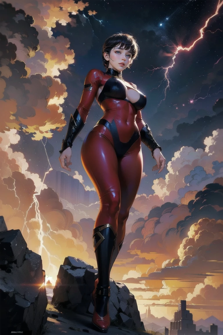 ((work of art), best qualityer, high qualiy, professional quality, highy detailed, high resolution, perfect lighting, natural lighting), style of joe maduereira,comic-book style,dskyart1, Being compressed or expanded, one piece swimsuit, Heiress, 小柄, fine tune, triangular face, skin fair, dark brown hair, amber eyes, Narrow Nose, fleshy lips, Prominent Chin, hair to the shoulders, Wavy hair, Updo formal, asymmetrical breasts, dangling earrings, lavender stain lipstick, Dripping liquid cascades, Misty river valley,visionary, state-of-the-art laboratory, A volcanic planet with constant eruptions and rivers of lava, providing abundant geothermal energy to its inhabitants., post-apocalyptic desert, vampyre