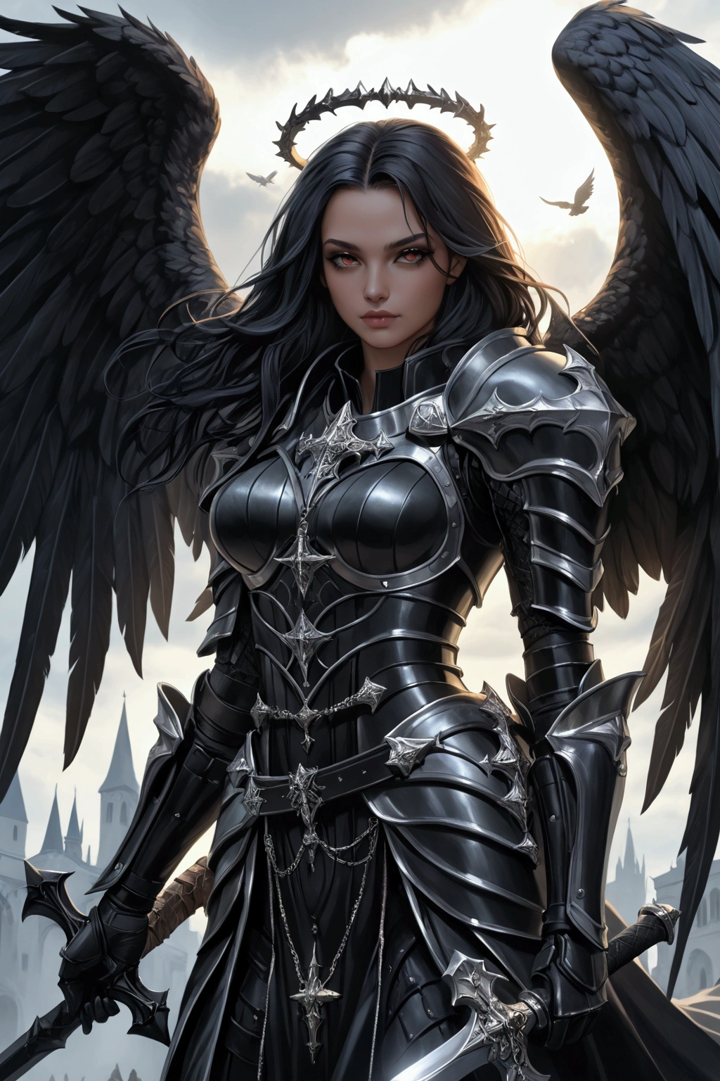 a woman in armor holding a sword and a sword, angel knight gothic girl, villainess has black angel wings, detailed fantasy art, angel knight girl, epic fantasy art style hd, 4k fantasy art, dark armor, stunning armor, hd fantasy art, deathknight, 8k fantasy art, highly detailed fantasy art, wow 4 k detail fantasy, dark angel