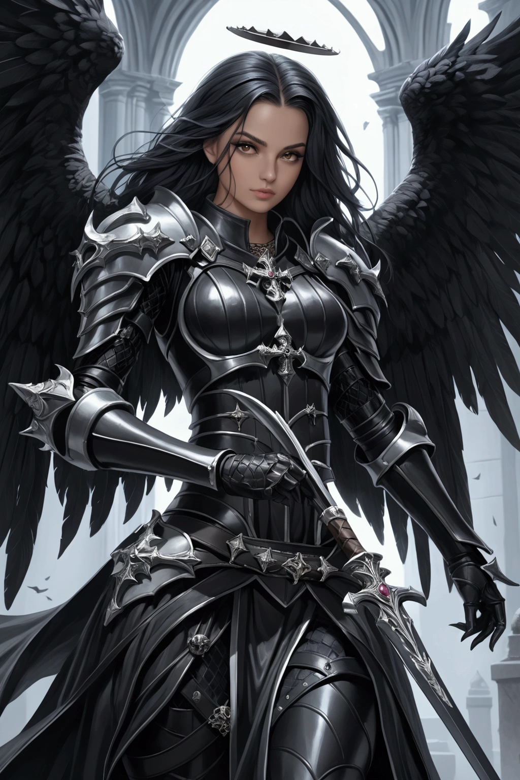 a woman in armor holding a sword and a sword, angel knight gothic girl, villainess has black angel wings, detailed fantasy art, angel knight girl, epic fantasy art style hd, 4k fantasy art, dark armor, stunning armor, hd fantasy art, deathknight, 8k fantasy art, highly detailed fantasy art, wow 4 k detail fantasy, dark angel