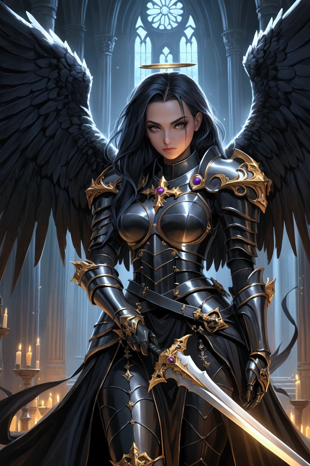 a woman in armor holding a sword and a sword, angel knight gothic girl, villainess has black angel wings, detailed fantasy art, angel knight girl, epic fantasy art style hd, 4k fantasy art, dark armor, stunning armor, hd fantasy art, deathknight, 8k fantasy art, highly detailed fantasy art, wow 4 k detail fantasy, dark angel