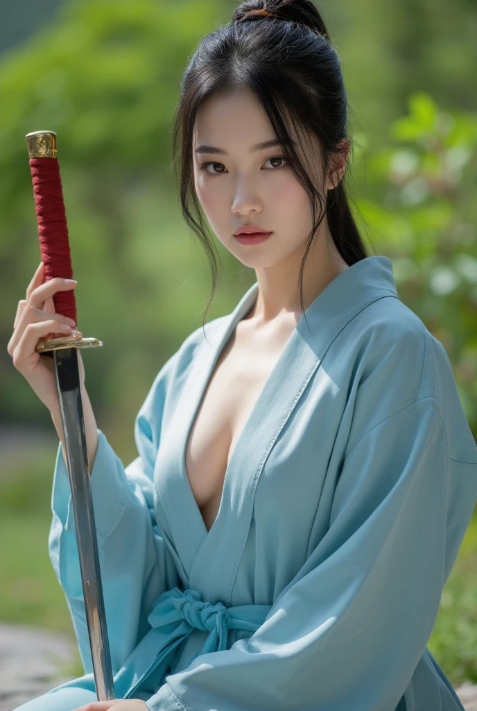 beautiful japanese woman with big breasts in revealing blue kimono and katana, осень