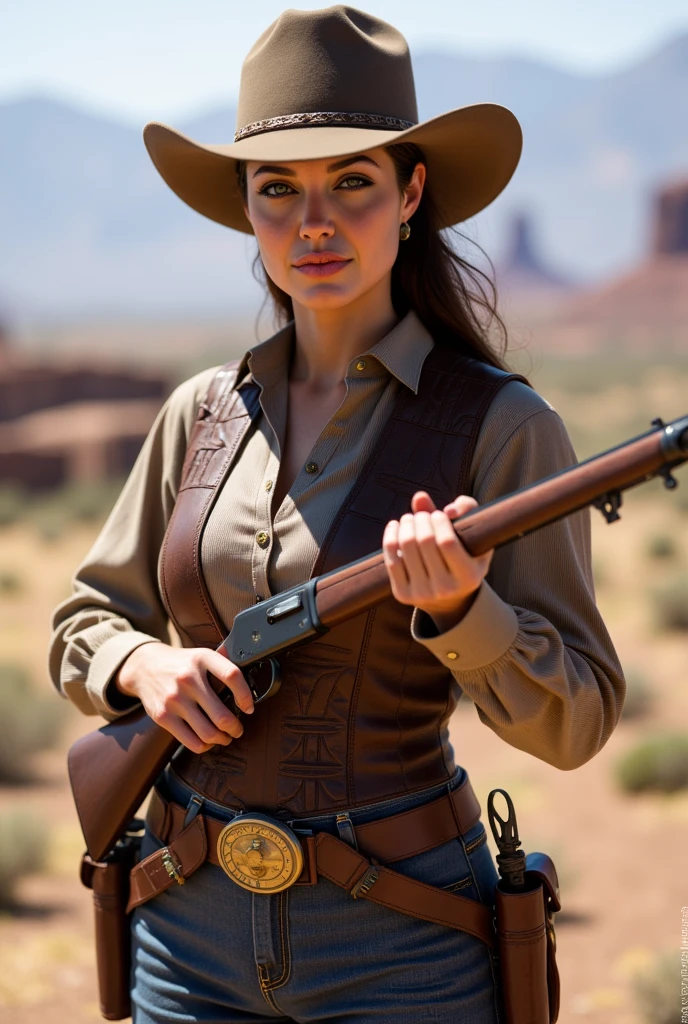 Calamity Jane,  circa 1875, Arizona, she is holding a winchester model 1873 rifle,  Western landscape, highres,