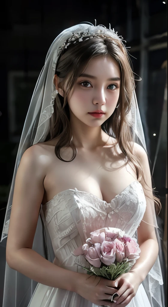 Malay girl, modern plain bridal veil, shy, medium portrait, watery eyes, red lips, pink glowing particles, visible cleavage, wearing white wedding dress covering the entire chest, (Standing:1.2), small breasts, while holding flowers, pink light bokeh background, well-proportioned body,