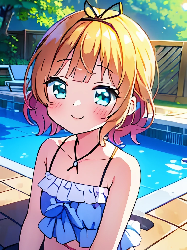 ((masterpiece)), ((best quality)), (ultra-detailed), pool, a cute girl, 1girl, solo, bikini, ((beautiful eyes)), smile