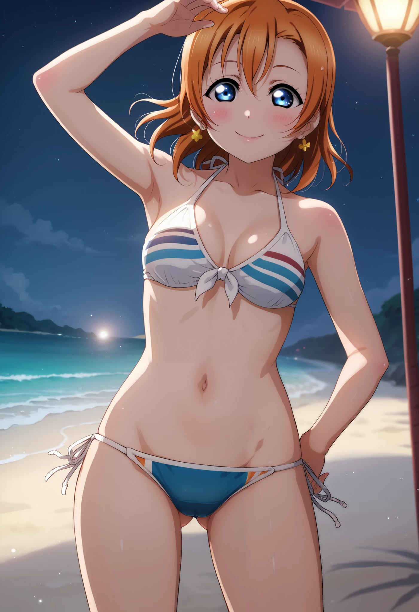 anime style, love live,kousaka honoka , love live, blue eyes, orange hair,earrings, (blushing:1.2) , standing, bikini , cowboy shot , ass visible through thighs, smile,beach, night, dynamic lighting, detailed shading,moist skin,shiny skin,crotch visible, playful pose