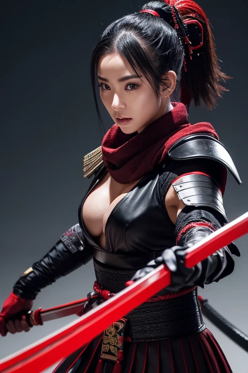 Woman, Black Hair, Short Hair, Hair Bun, Large Breasts, Female Samurai, Futuristic Samurai, (Cyber Samurai), Black Samurai Outfit, (Holding Katana)