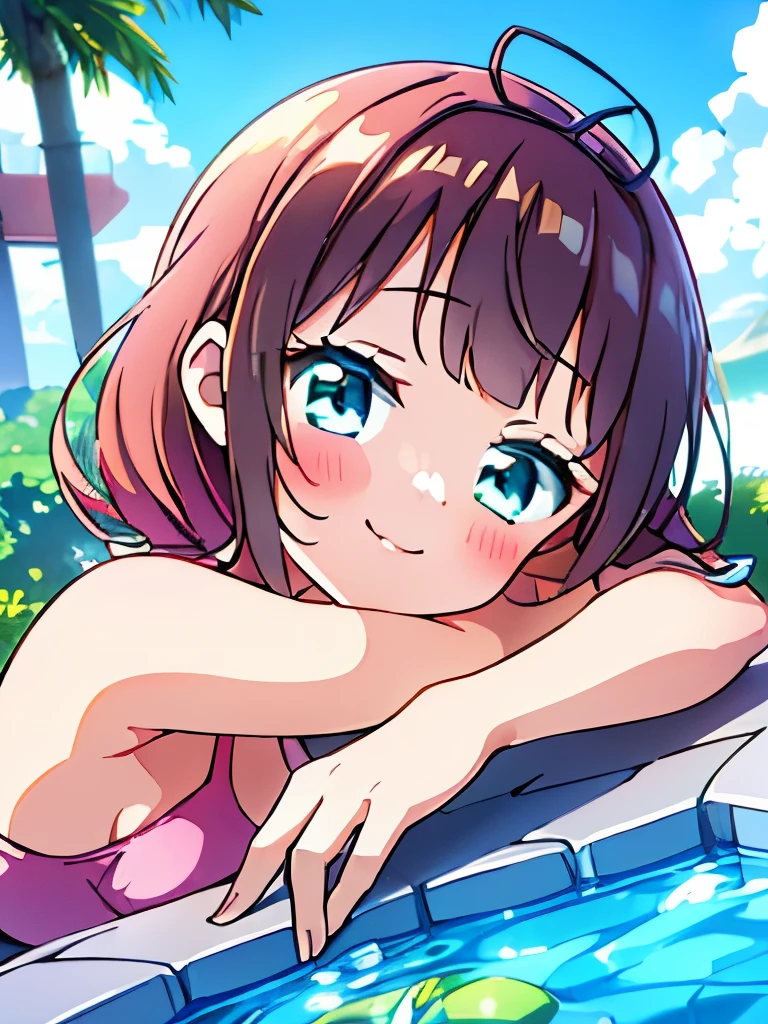 ((masterpiece)), ((best quality)), (ultra-detailed), pool, a cute girl, 1girl, solo, bikini, ((beautiful eyes)), smile