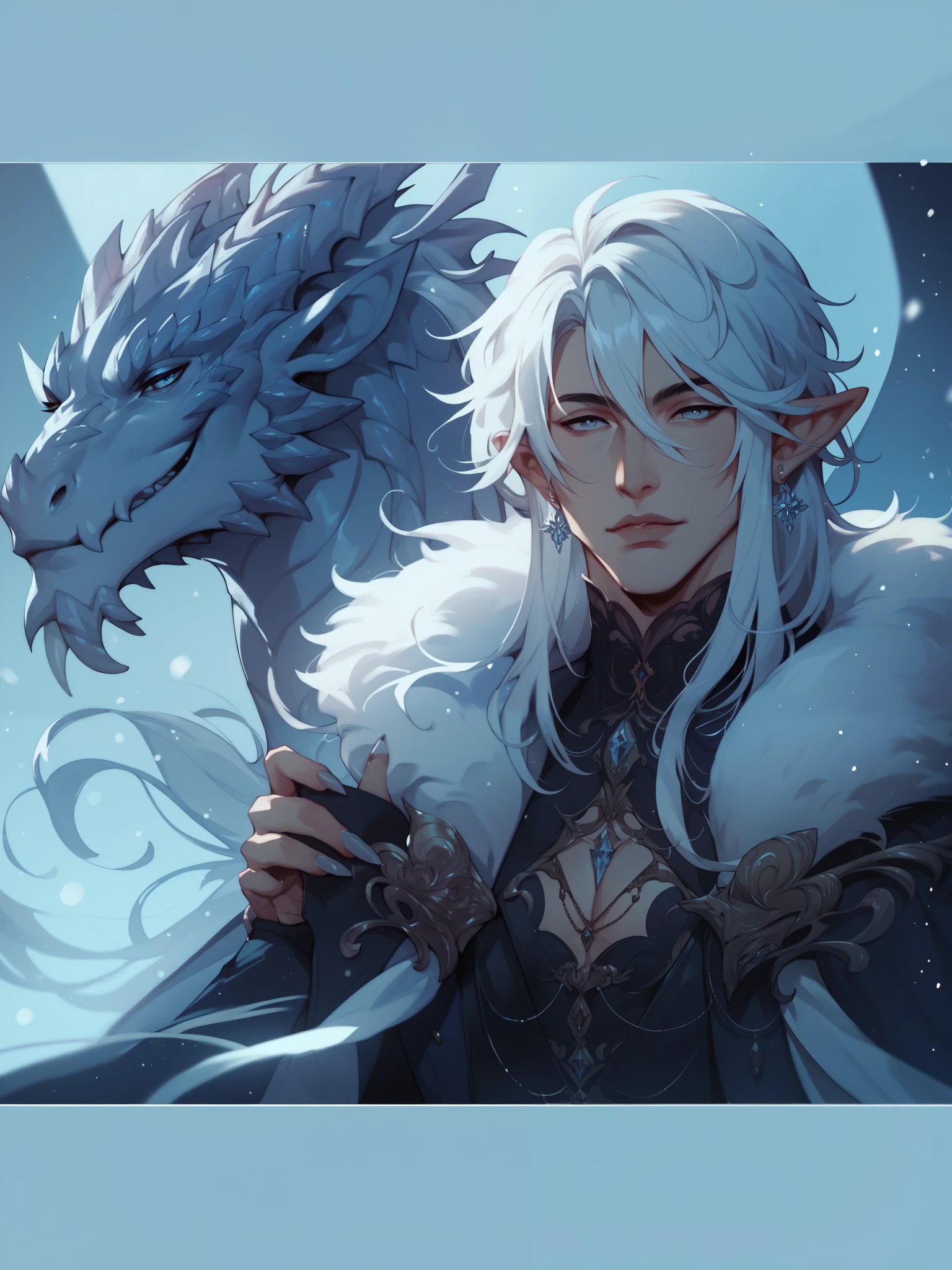 score_9, score_8_up, score_7_up, score_6_up, score_5_up,  s4b, 1boy solo, black background, winter, huge blue and silver dragon, long white hair, elegant, beautiful,High Resolution, 