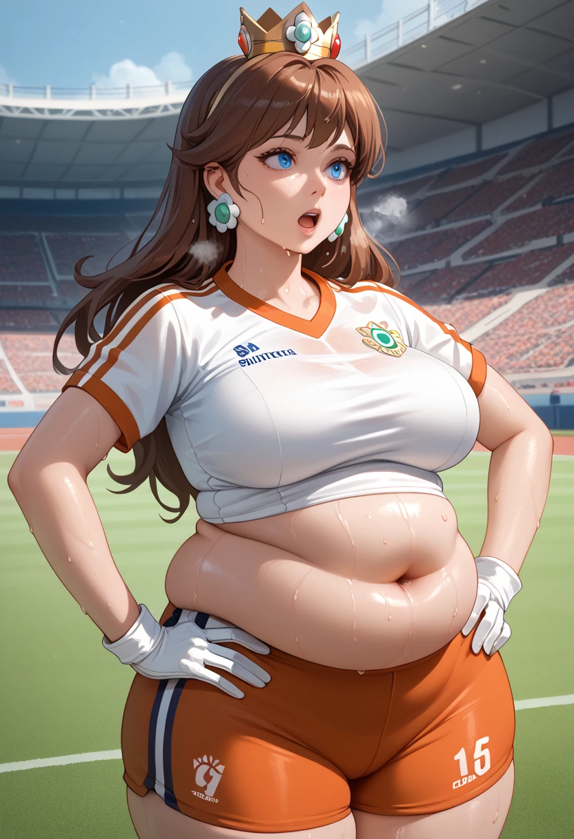 Daisy,brown hair,blue eyes,long hair,flower earrings,small crown, number 8 soccer uniform, short sleeves, white gloves, orange shorts, midriff, number 8, standing, sweaty, exhausted, hand on hips soccer field, science fiction, outdoors, (insanely detailed, masterpiece, best quality), sweating profusely, exhausted, breathing, open mouth, steam coming out of her mouth, tight red gym shorts, tight red gym tank top, hands on hips, dripping sweat, dripplits of sweat on the floor, puddle of sweat, thick, obese, soft belly, chubby, wide hips, sexy hips, big belly, thicc thighs, half body