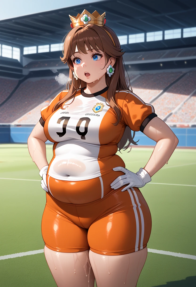 Daisy,brown hair,blue eyes,long hair,flower earrings,small crown, number 8 soccer uniform, short sleeves, white gloves, orange shorts, midriff, number 8, standing, sweaty, exhausted, hand on hips soccer field, science fiction, outdoors, (insanely detailed, masterpiece, best quality), sweating profusely, exhausted, breathing, open mouth, steam coming out of her mouth, tight red gym shorts, tight red gym tank top, hands on hips, dripping sweat, dripplits of sweat on the floor, puddle of sweat, thick, obese, soft belly, chubby, wide hips, sexy hips, big belly, thicc thighs, half body