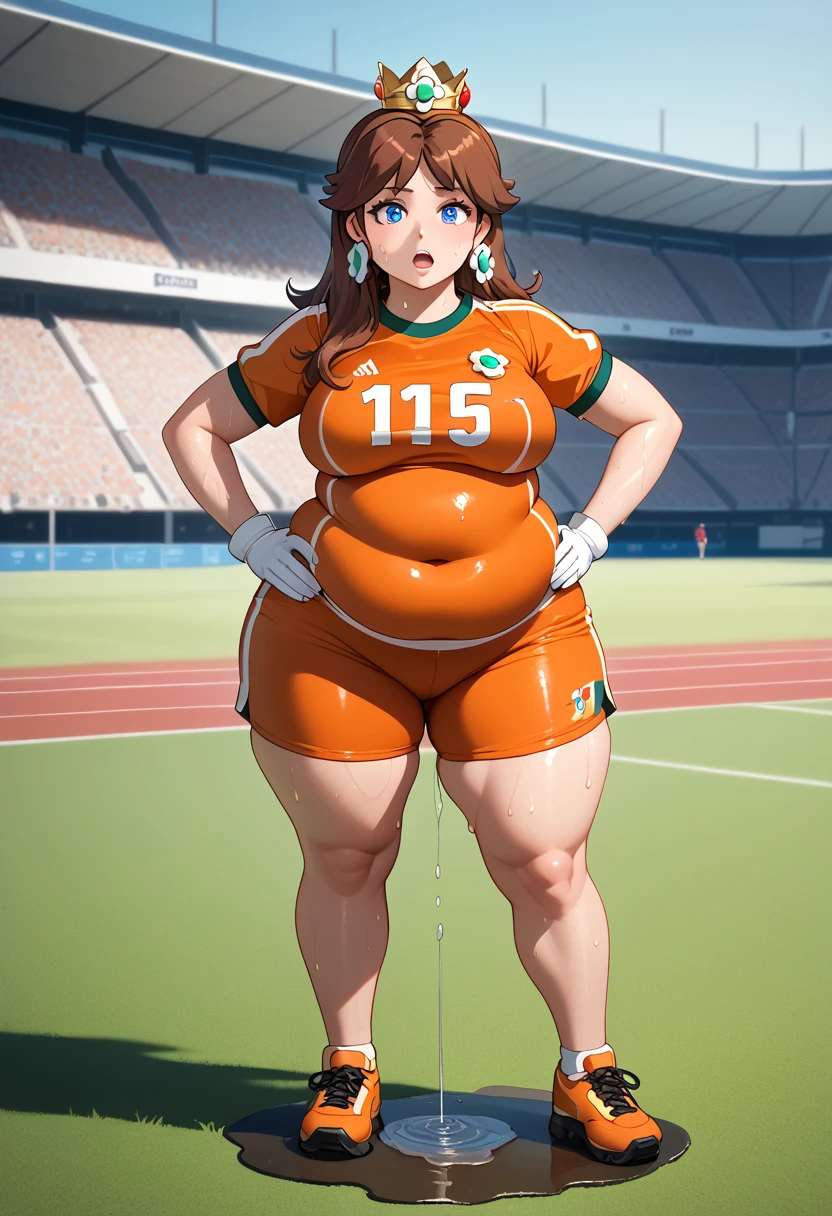 Daisy,brown hair,blue eyes,long hair,flower earrings,small crown, number 8 soccer uniform, short sleeves, white gloves, orange shorts, midriff, number 8, standing, sweaty, exhausted, hand on hips soccer field, science fiction, outdoors, (insanely detailed, masterpiece, best quality), sweating profusely, exhausted, breathing, open mouth, steam coming out of her mouth, tight red gym shorts, tight red gym tank top, hands on hips, dripping sweat, dripplits of sweat on the floor, puddle of sweat, thick, obese, soft belly, chubby, wide hips, sexy hips, full body, big belly, thicc thighs