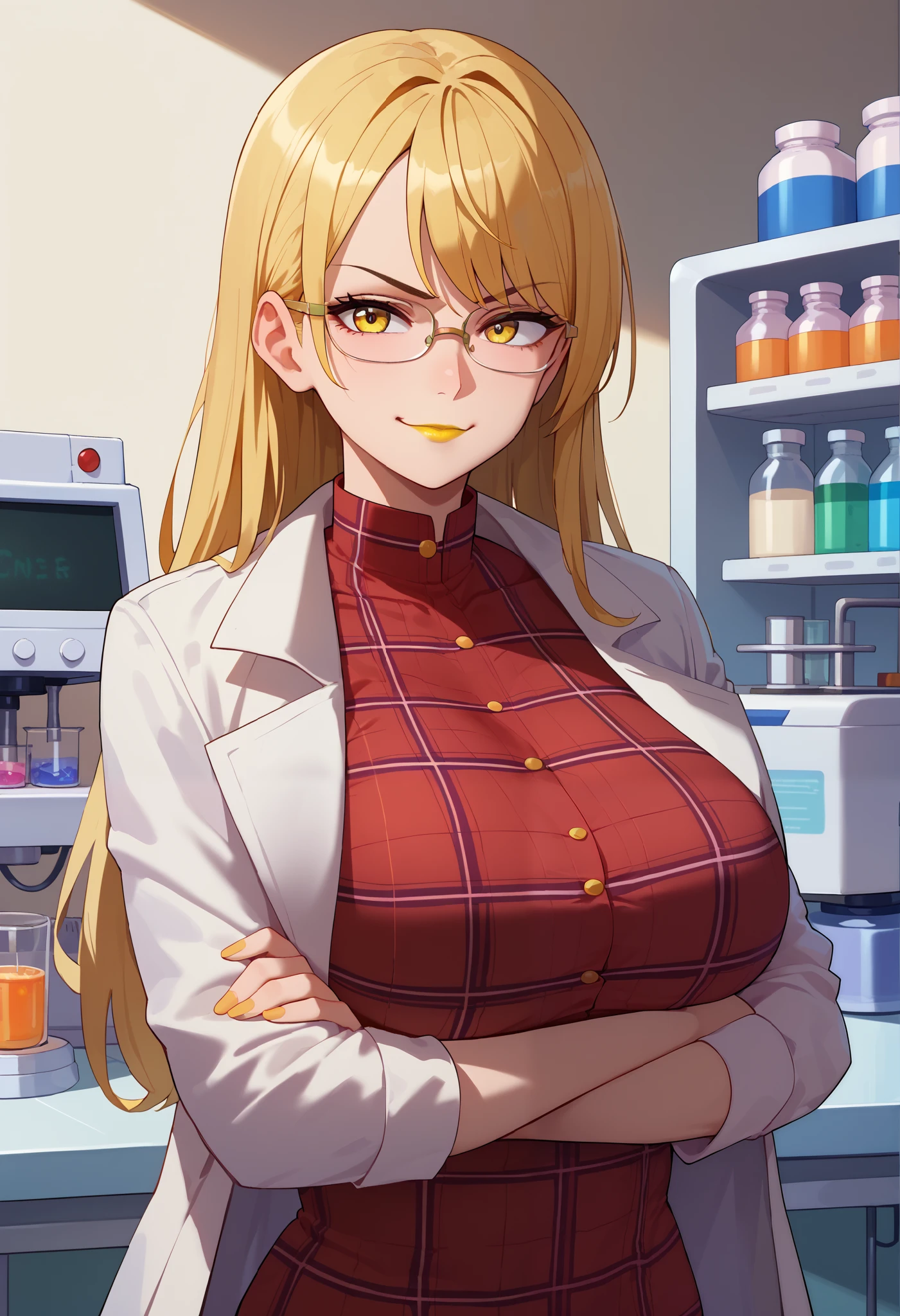 masterpiece, best quality, defa21, glasses, plaid dress, lab coat, black stockings, upper body, large breasts, smirk, frown, look at viewer, closed mouth, counter, science, Bechers (drinks), microscope, arms crossed, yellow lipstick, anime style, blue and red dress, yellow lipstick