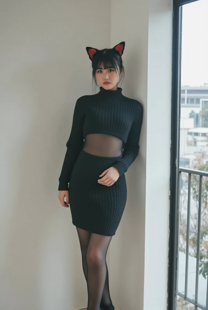 8k, RAW Photo, Best Quality, Masterpiece:1.2),(Realistic, photo-realistic:1.37), Super Detail, Wearing black pantyhose,She is wearing tight thin fitting transparent black long sleeve turtleneck, no skirts, transparent, cinematic lighting, sexy pose, monotone background, facing front, portrait, dressed up to the belly button, dressed up to the neck,short hair style, black pantyhose

