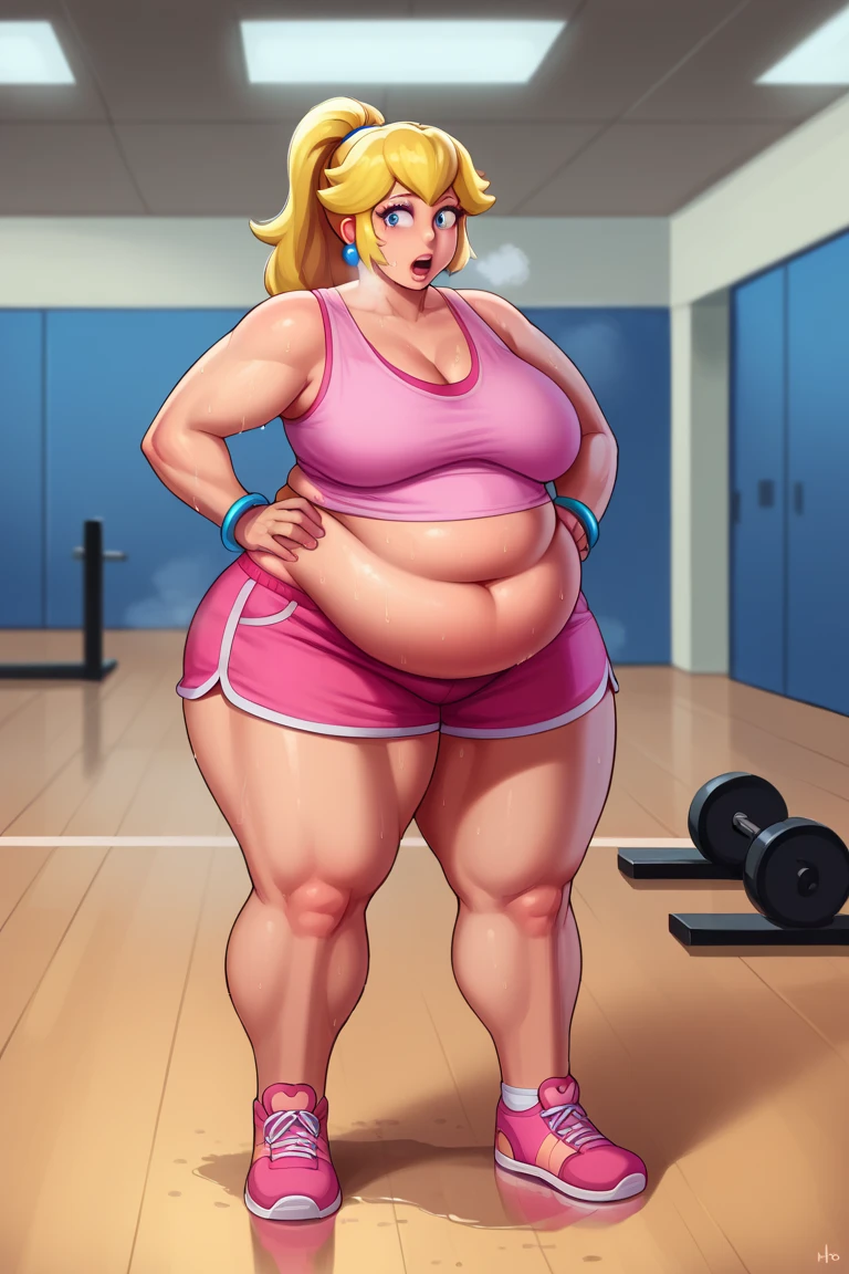 score_9, score_8_up, score_7_up, BREAK, 1girl, solo, princess peach, 1girl, solo, , blonde hair, ponytail, jewelry, bracelet, makeup, casual, cowboy shot, blue eyes, looking at the viewer, large breasts, hands on hips, pink tanktop, sweaty, pink shorts, sweating profusely, open mouth, exhausted, heavy breathing, puddle of sweat on the ground, steam coming out her mouth, gym, indoors, she wears pink shoes, thick, obese, soft belly, chubby, wide hips, sexy hips, full body, big belly, thicc thighs
