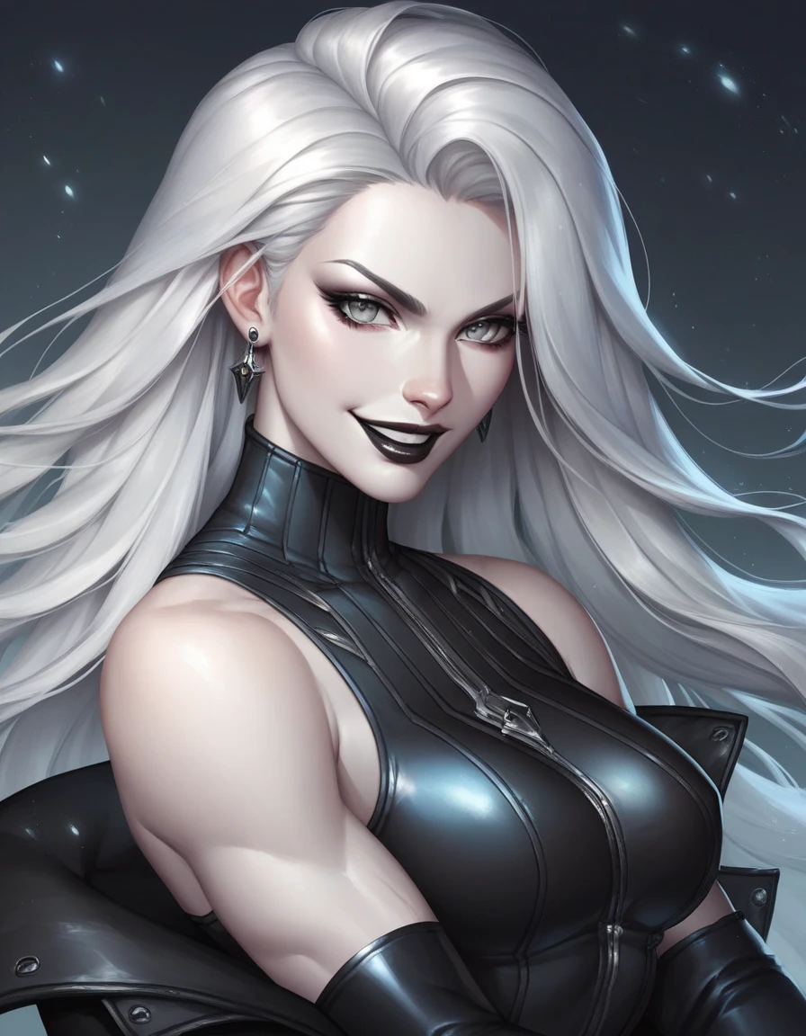A dramatic, full-length shot of a femme fatale in a dark, damp cave. The female subject stands tall, her long, flowing white hair cascading down to her feet like a river of moonlight. Her pale skin seems almost translucent against the rough, rocky backdrop. Shiny black latex clings to her curvaceous figure, drawing attention to her impressive cleavage and generous hips. A wide, crimson collar adds a pop of color around her neck, while her bright red lips and eyes seem to glow like embers in the dim light. A tattered, blood-red cape flows behind her like a dark halo, held together by a wide silver belt shaped like a skull. Her long, black hair is streaked with subtle hints of purple, giving it an otherworldly sheen. She poses confidently, one hand on her hip and the other holding a fang-like accessory, as if daring anyone to enter her domain. The high-heeled, silver shoes add a touch of elegance to her overall, wicked aesthetic.