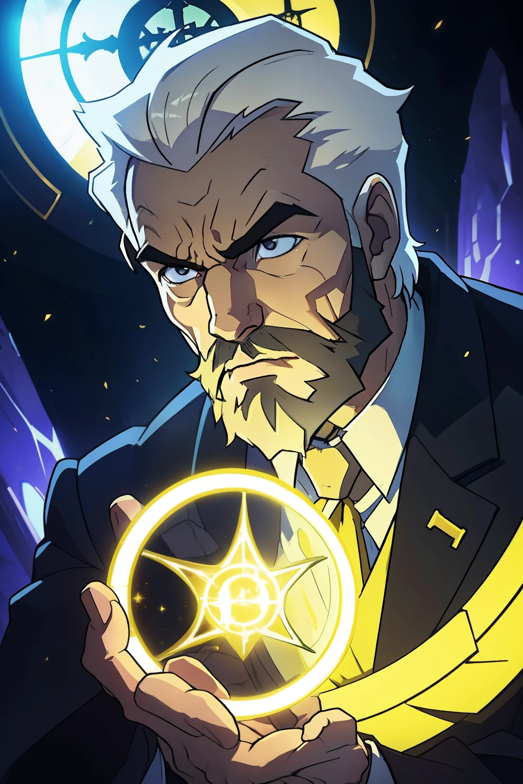 masterpiece:1.2, best quality, absurdres, stained glass background, dark lighting, action shot, gritty, man in a suit, SCI-FI, older man with combed white hair and beard, centered portrait, in the style of Kentaro Miura, (1male), masculine man, somber expression, comic, intricate, surreal, yellow filled-in halo behind his head as symbolism for the Hanged Man,