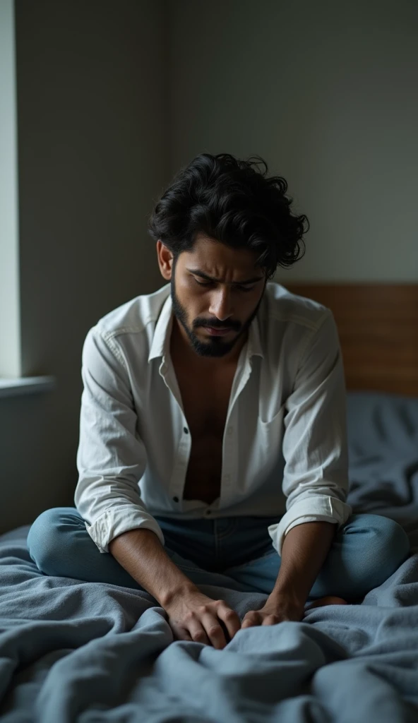 sad man without money, sitting on a chair at home
