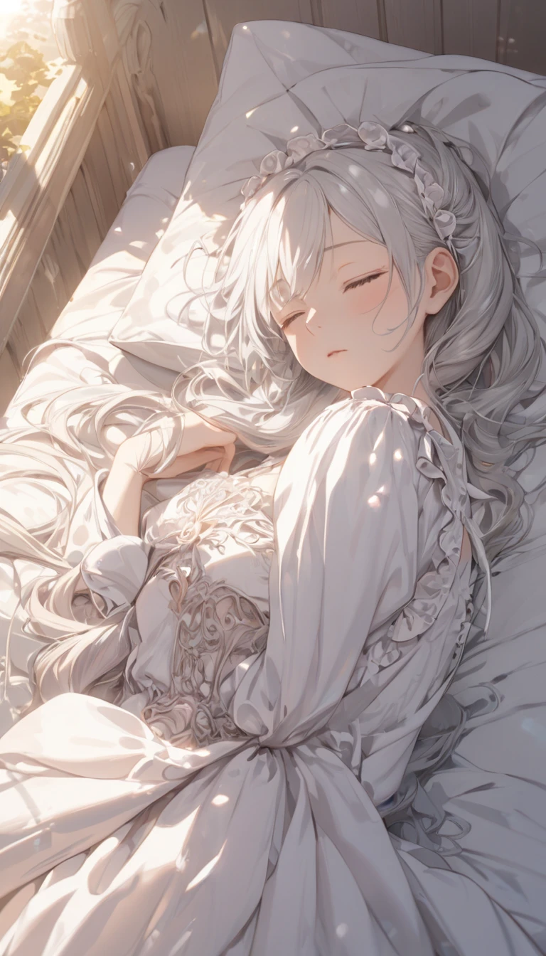 A silver-haired girl, sleeping peacefully on a soft bed, bathed in the warm sunlight, (detailed anatomical features, anime style:1.2), (best quality,4k,8k,highres,masterpiece:1.2),ultra-detailed, stunning lighting, ethereal, serene, soft colors, glowing skin, anime, anime style, maid, maid costume