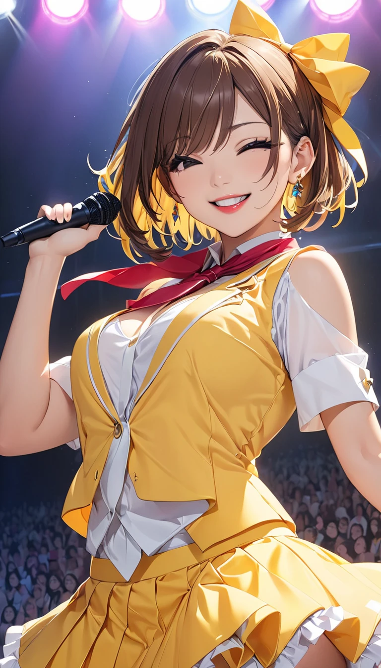    1 girl,    idol costume   ,    female idol group  , uniform,  cute girl,    beautiful legs, Chest, Multiple girls,    brown hair,    2 girls,  , big Chest, teeth,    pictures unvolume  ( Mid-sized anti-m  ),    red lips,    stage, concert, Idol Smile,    skirt,   tie scarf   , blouse,    Necklaces   , ribbon,   live performance venue,    Japanese   ,    shorthair, concert, smile,    yellow costume,    winks、  erect nipples 、Piercings all over the body 、nose、tongue、Flashy earring 