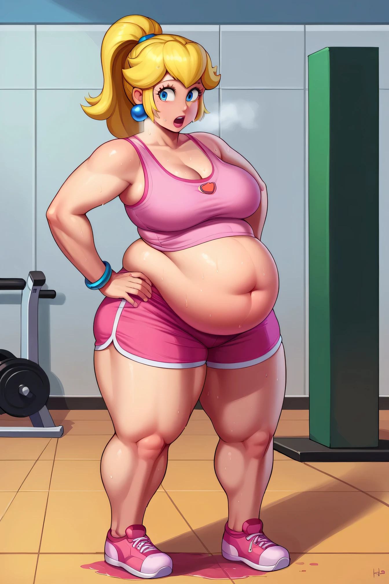 score_9, score_8_up, score_7_up, BREAK, 1girl, solo, princess peach, 1girl, solo, , blonde hair, ponytail, jewelry, bracelet, makeup, casual, cowboy shot, blue eyes, looking at the viewer, large breasts, hands on hips, pink tanktop, sweaty, pink shorts, sweating profusely, open mouth, exhausted, heavy breathing, puddle of sweat on the ground, steam coming out her mouth, gym, indoors, she wears pink shoes, thick, obese, soft belly, chubby, wide hips, sexy hips, full body, big belly, thicc thighs, chubby arms
