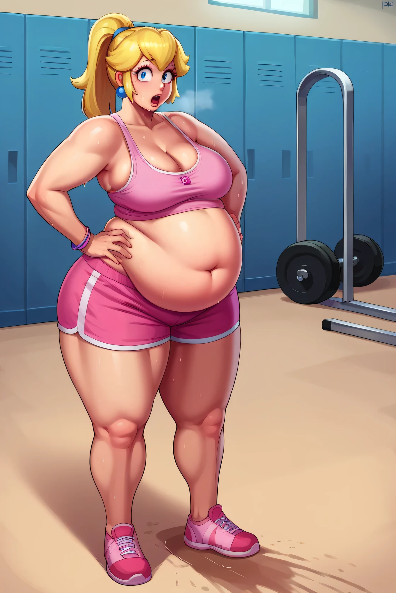 score_9, score_8_up, score_7_up, BREAK, 1girl, solo, princess peach, 1girl, solo, , blonde hair, ponytail, jewelry, bracelet, makeup, casual, cowboy shot, blue eyes, looking at the viewer, large breasts, hands on hips, pink tanktop, sweaty, pink shorts, sweating profusely, open mouth, exhausted, heavy breathing, puddle of sweat on the ground, steam coming out her mouth, gym, indoors, she wears pink shoes, thick, obese, soft belly, chubby, wide hips, sexy hips, full body, big belly, thicc thighs, chubby arms
