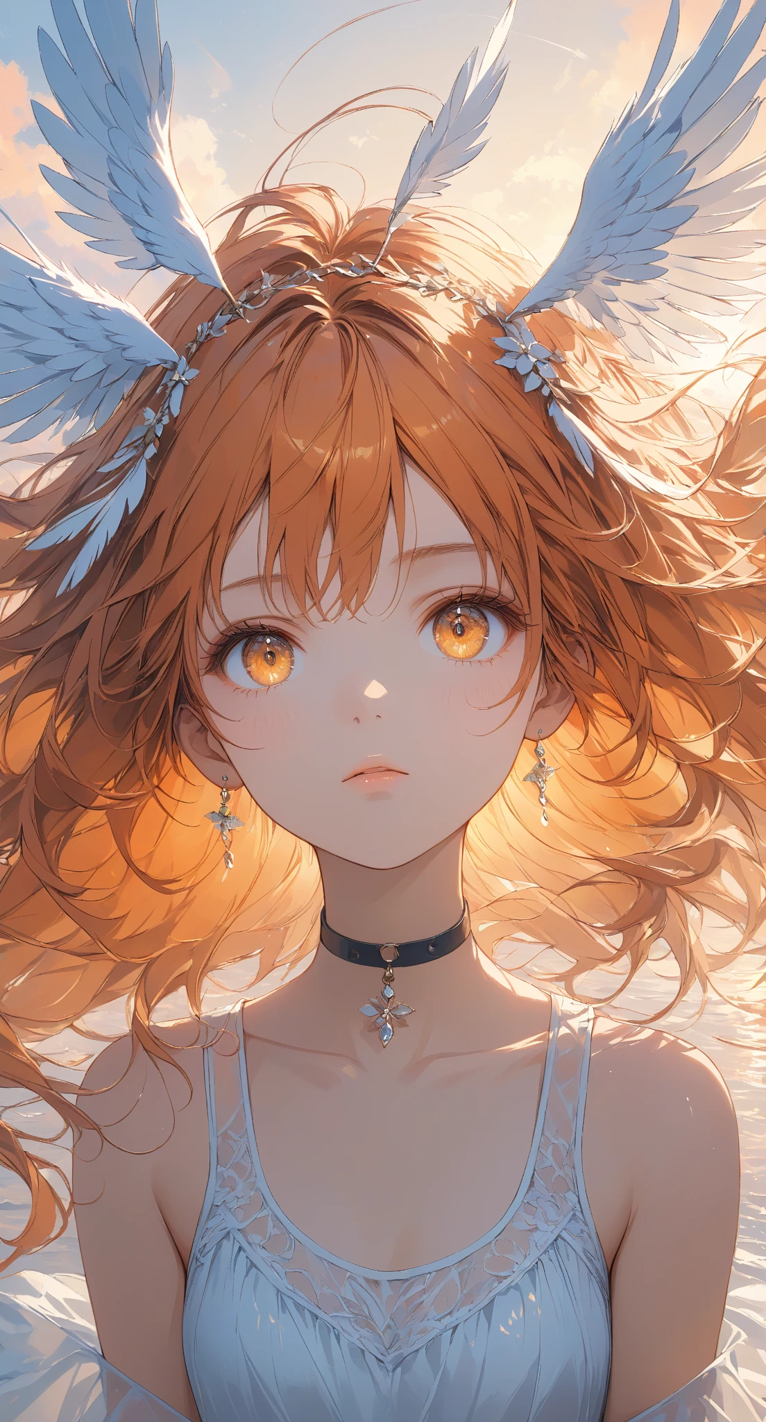 Masterpiece, high quality, high resolution, 16K, highly detailed background, digital painting, unreal engine, Makoto Shinkai illustration, hyperrealistic, fantasy, petite girl, beautiful face, beautiful skin, long eyelashes, beautiful eyes, orange hair, messy hair, reddish tint towards the tips, feather hair ornament, golden eyes, flame pattern around eyes, fair skin, flame pattern on hands and arms, tank top and skirt, white and orange colored clothes, transparent material, choker, expressionless face, phoenix perched on her shoulder, burning sunset