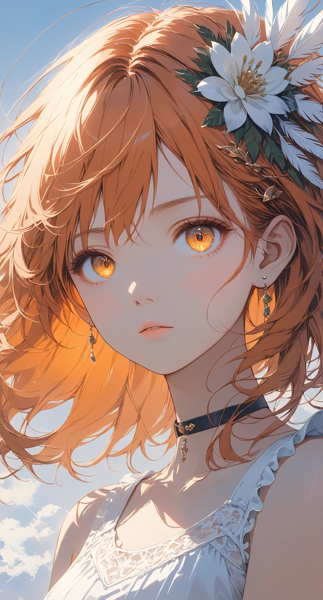 Masterpiece, high quality, high resolution, 16K, highly detailed background, digital painting, unreal engine, Makoto Shinkai illustration, hyperrealistic, fantasy, ite girl, beautiful face, beautiful skin, long eyelashes, beautiful eyes, orange hair, messy hair, reddish tint towards the tips, feather hair ornament, golden eyes, flame pattern around eyes, fair skin, flame pattern on hands and arms, tank top and skirt, white and orange colored clothes, transparent material, choker, expressionless face, phoenix perched on her shoulder, burning sunset