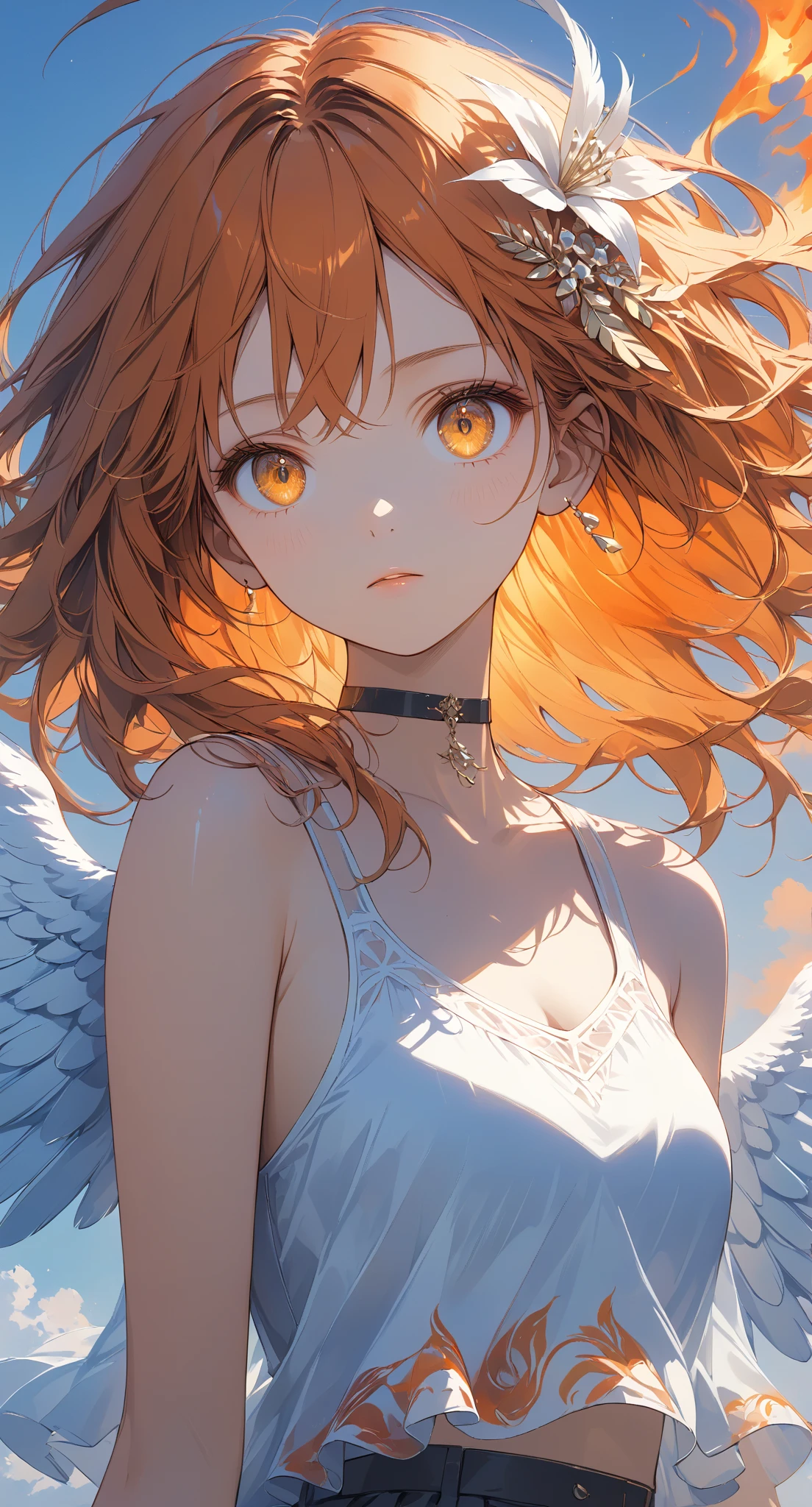 Masterpiece, high quality, high resolution, 16K, highly detailed background, digital painting, unreal engine, Makoto Shinkai illustration, hyperrealistic, fantasy, petite girl, beautiful face, beautiful skin, long eyelashes, beautiful eyes, orange hair, messy hair, reddish tint towards the tips, feather hair ornament, golden eyes, flame pattern around eyes, fair skin, flame pattern on hands and arms, tank top and skirt, white and orange colored clothes, transparent material, choker, expressionless face, phoenix perched on her shoulder, burning sunset