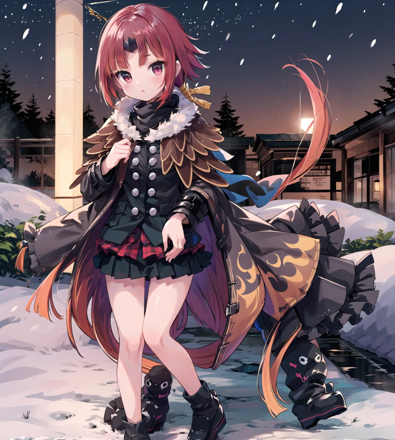 ((masterpiece,best quality:1.2)),((Overcoat:1.3)),((ruffled skirt:1.3)),Black Scarf:1.2,winter,have snowfall:1.2,1girl,be_nienma