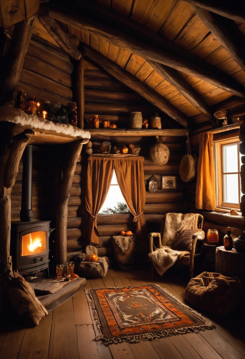 masterpiece, high quality. Arctic wintering house , The interior of the house has a lot of intricate Chukotka ethnic details and expedition equipment , outside, the Far Arctic ,Chukotka , the dark polar night ,blizzard,Bad weather,blizzard,snowfall. Very small square window . An atmosphere of comfort and tranquility . 1pretty tomboy girl Nika , whose age is older than the universe itself , with beautiful natural small breasts , boyish short ,erratic , very shaggy brown hair , short , with slightly tanned skin and a rounded face .sensual lips, a proportional beautiful little nose .in glasses.deep,  penetrating to the core , The infinitely wise and completely indifferent and bored look of the dark brown eyes of an immortal being , of the person who saw the birth of the universe , x} on the absolutely innocent face of a girl of twenty-eight years old .the whole body completely, including legs., the completely indifferent look , deepest apathy and indifference , characteristic of the immortals . She wears a warm woolen sweater with a high collar , thick woolen warm pants and boots . It's in a small, dark room in a tiny wooden cabin with a low ceiling without an electric one lighting. On the log walls, Chukchi amulets and bunches of dried herbs . Behind a very small dark window ,  decorated with velvet beige curtains ,необычайно  the dark polar night .The room has wooden shelves with books. She is sitting in a cozy brown plush chair by of a small window . The plank floor next to the chair is covered with soft deer skin . On a simple wooden table next to there is a half-empty bottle of whiskey and a large pot of Olivier salad in the chair , on the wooden windowsill of the small window, several bottles of whiskey and cognac . on the floor under the window, a barrel of Irish ale and many different preserves . On the keg there is a basket of tangerines . In front of the chair there is a large stove with burning wood . On New Year's Eve, she enjoys peace and privacy , reads an interesting book , holding her in one hand , and in the other a glass of whiskey .