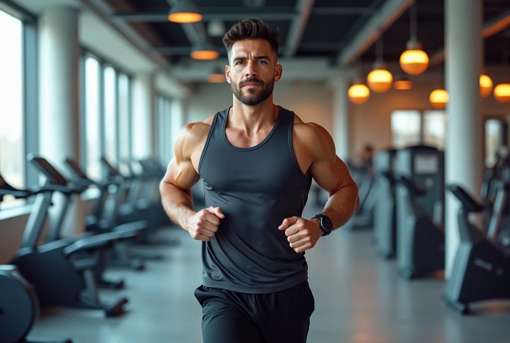 someone running on a treadmill, sweating, pushing through exhaustion