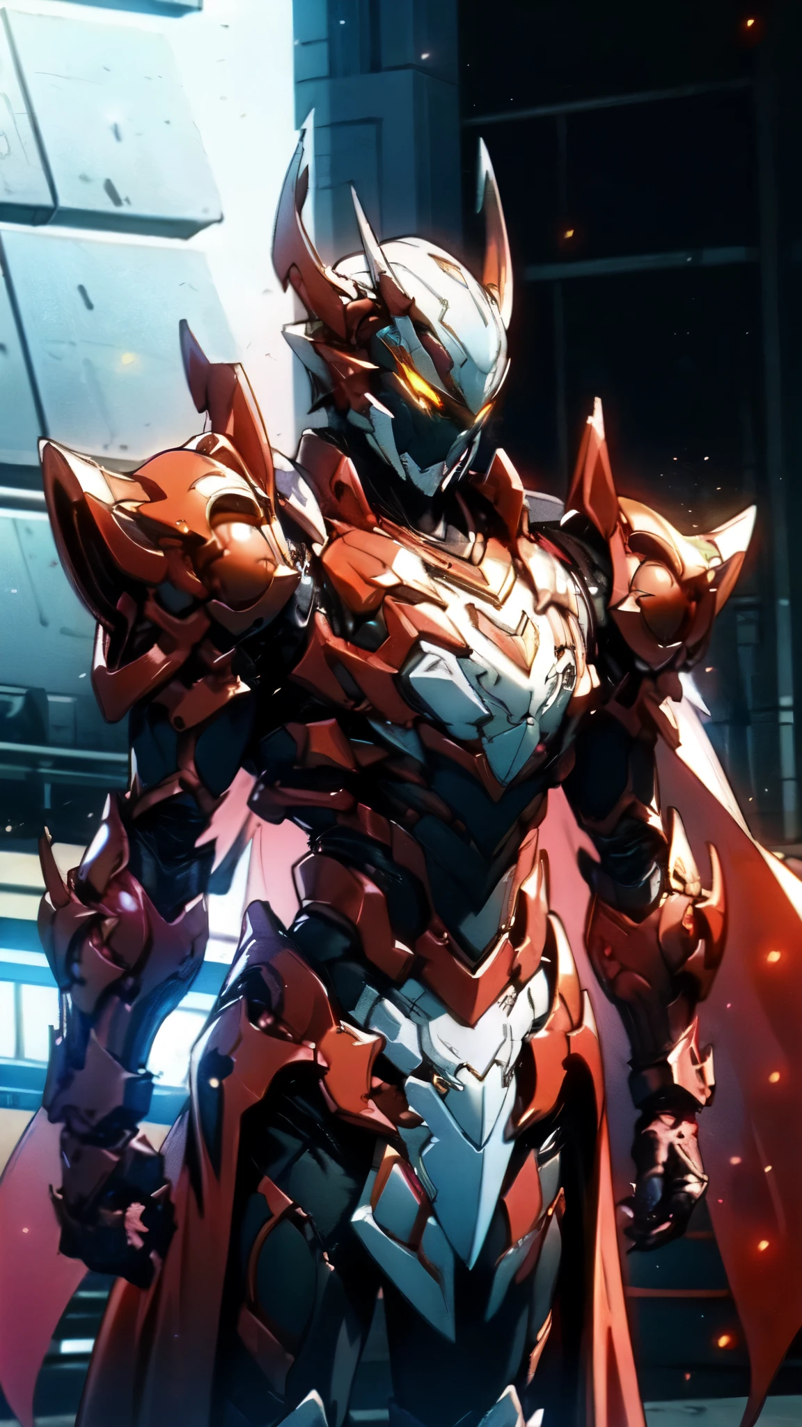 (masterpiece:1.5, best quality:1.5, extremely delicate:1.5), ((male:1.5)), a man wearing a full-face helmet, high-tech biomimetic armored combat suit, (a composite layered chest armor), the design balances heavy with agility, fully enclosed shoulder guards, matching arm and leg guards, a belt of gemstone, (the color scheme is primarily Red with Purple and Yellow accents, Organic Biotech, Concept Inspired by Vampire, glowing eyes, armor glows, huge cloak like devil wings, blood), stand of a futuristic sci-fi city, this character embodies a finely crafted fantasy-style armored hero in anime style, exquisite and mature art style, metallic, high definition, highres, ultra-detailed, ultra-fine painting, professional, perfect body proportions, golden ratio, anatomically correct, symmetrical face, extremely detailed eyes and face, high quality eyes, creativity, RAW photo, UHD, 32k, Natural light, cinematic lighting, (masterpiece-anatomy-perfect:1.2)