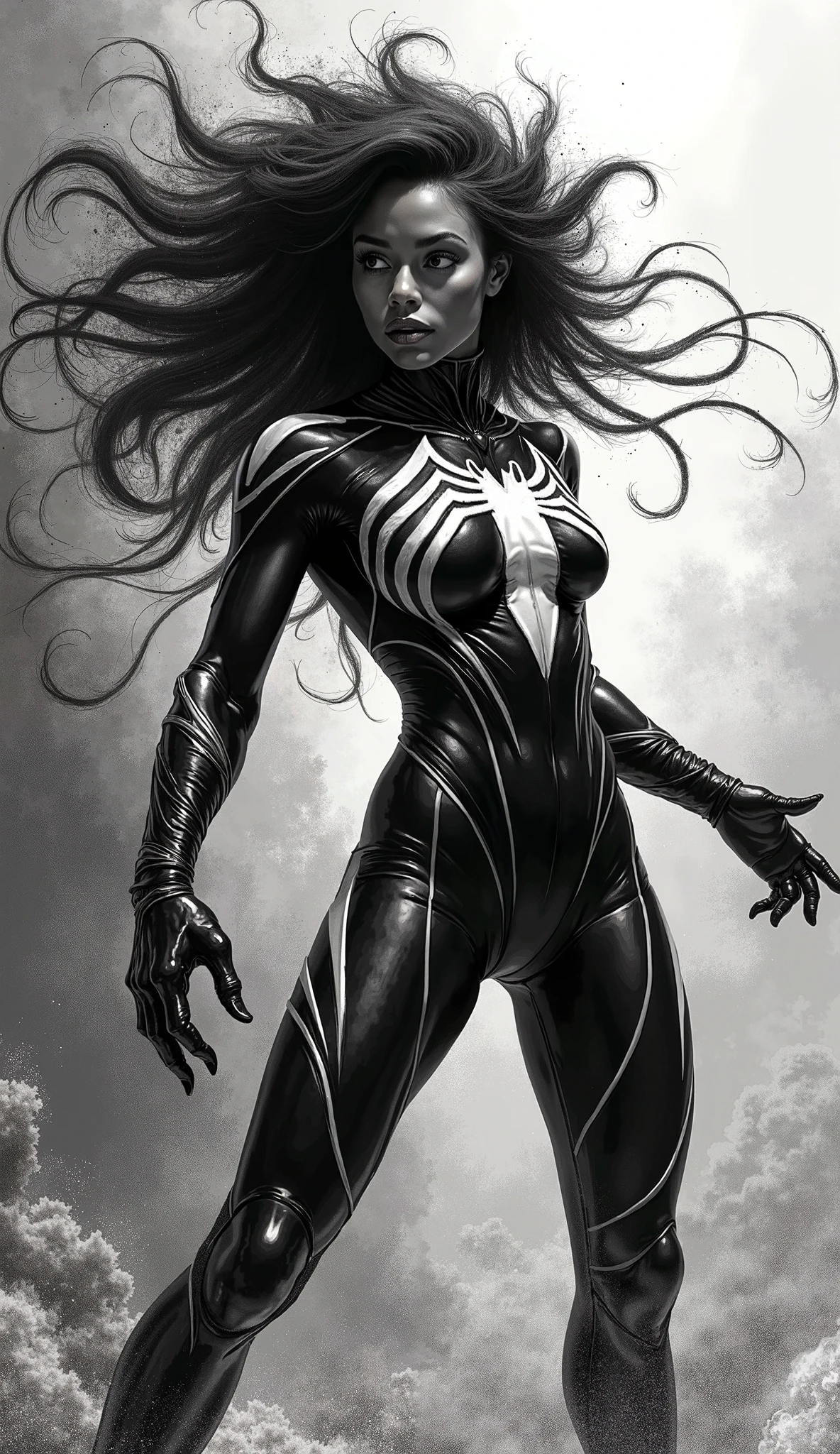 (drawning), Spiderwomam, black andwhite, tail moving, 