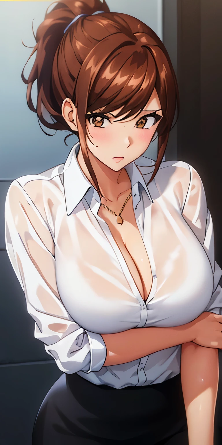 1 Female,High definition,high resolution,Ultra-realistic,8K, (White_collared_shirt), jewelry, (Black_pencil_skirt),wet shirt, ring, cleavage,ponytail,(brown_hair:1.3), Bangs,brown eyes,short hair, large breasts,European,sexy,Photographed from the front,Dynamic Angles,(blush), (medium tits) ,(crossed arms),standing 