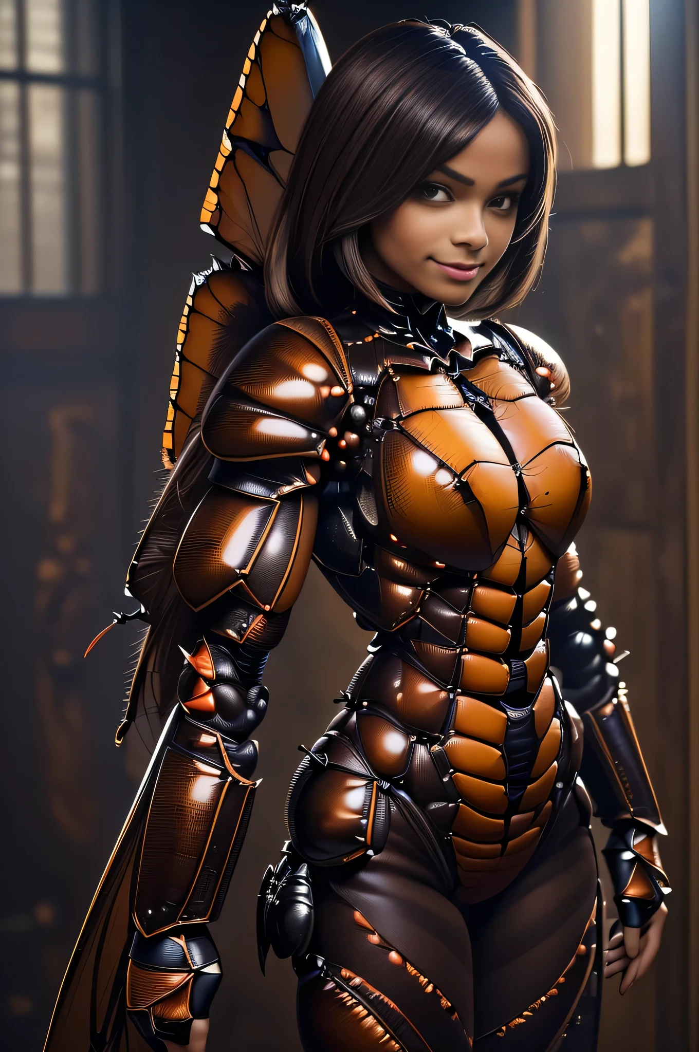 (high resolution,masterpiece,best quality,extremely detailed CG, anime, official art:1.4), realistic, photo, amazing fine details, all intricate, gloss and shiny,awesome many layers, 8k wall paper, 3d, sketch, kawaii, illustration,( solo:1.4), perfect female proportion,villainess, (fusion of dark brown cockroach and lady:1.4), (brown cockroach form lady:1.2), (brown cockroach lady:1.2), (fusion:1.2), (solo:1.4), (evil smile:1.2), muscular, abs, (cockroach brown exoskeleton bio insect suit:1.4), (cockroach brown exoskeleton bio insect armor:1.2), (brown transparency cockroach wing:1.4), (brown cockroach antennae:1.3),