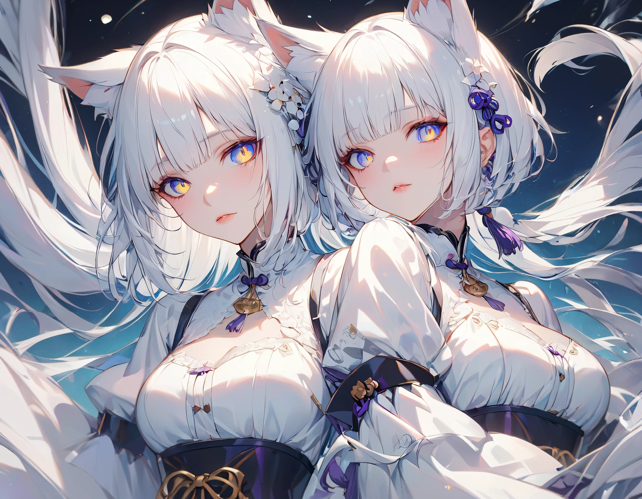 (((Best quality, 8k, Masterpiece: 1.3)), ((best quality)), ((masterpiece)), (detailed), perfect face, perfect body, (detailed skin:1.3), (intricate details), white hair, hime cut, cat ears, wolf cut hair